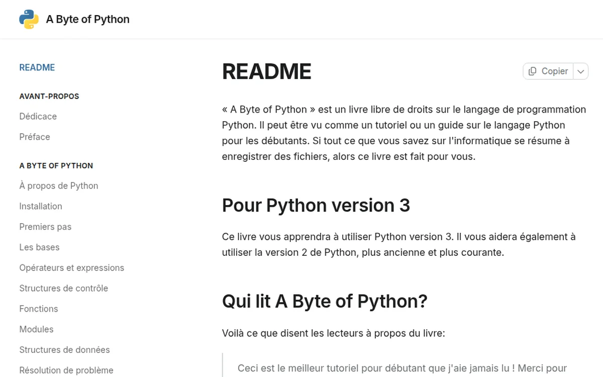 A Byte of Python en français, sur GitBook : sommaire et introduction